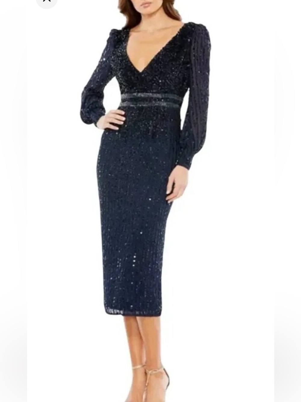 NWT MAC DUGGAL 93593 Sequined Beaded Dress long sleeve Midi Navy size 10